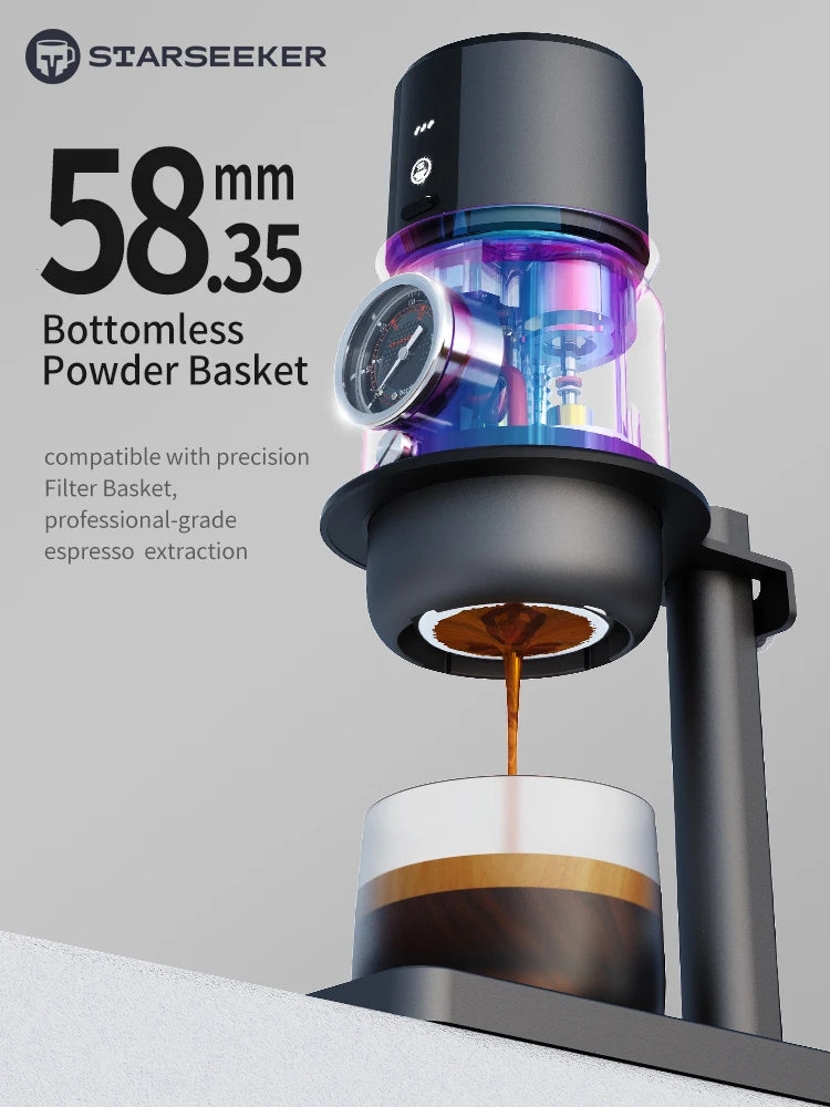 Starseeker 58mm black bottomless espresso maker with integrated pressure gauge and transparent filter basket.