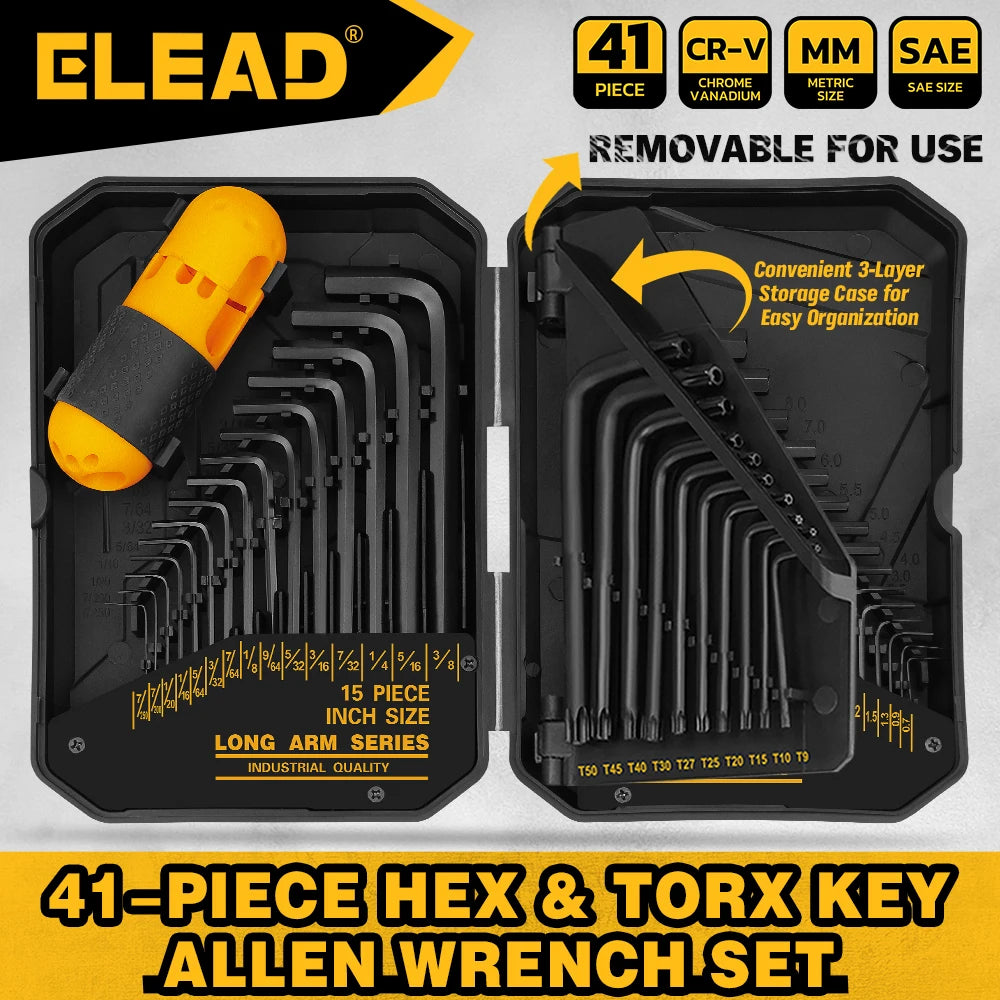 ELEAD 41PC Hex Key Allen Wrench Set Standard SAE(0.028"-3/8") & Metric(0.7mm-10mm) & Torx(T9-T50) in Storage Case