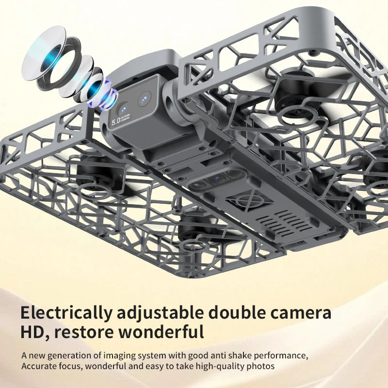 Gray square quadcopter drone with protective cage and dual HD cameras for aerial photography.