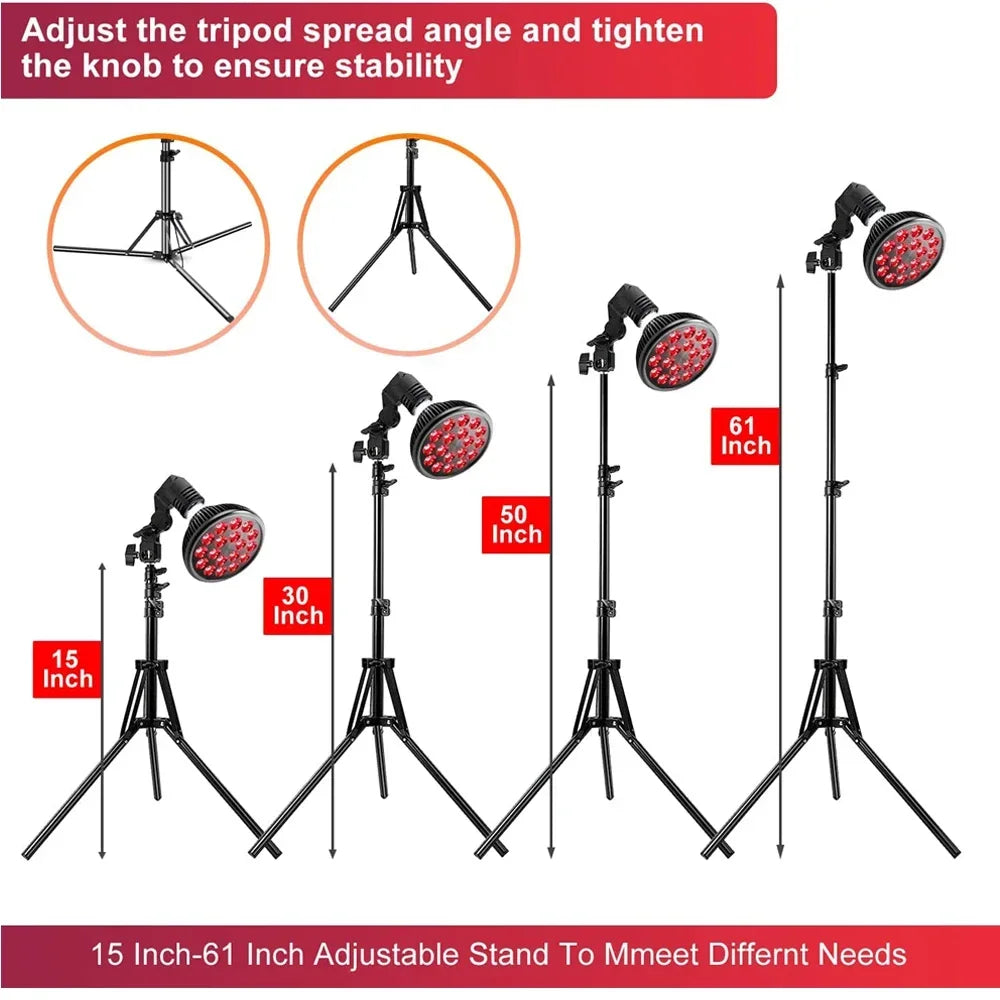 Red light therapy lamp with 15-61 inch adjustable tripod stand for skin health, face, and muscle pain relief.