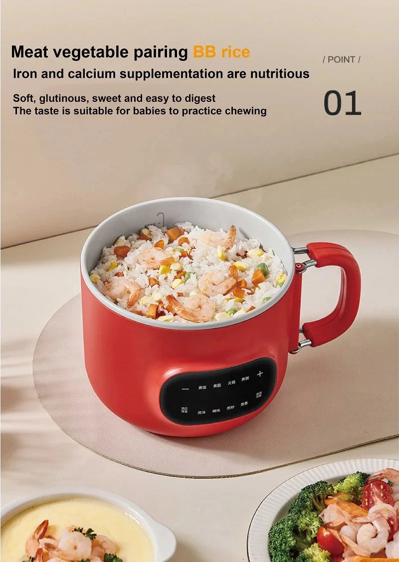 Red electric cooking pot filled with rice and vegetables, showing side handle and lid