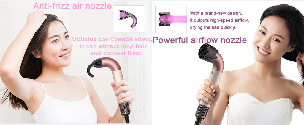 1400W rose gold hair dryer with anti-frizz and high-speed styling nozzles for fast, professional hair drying.