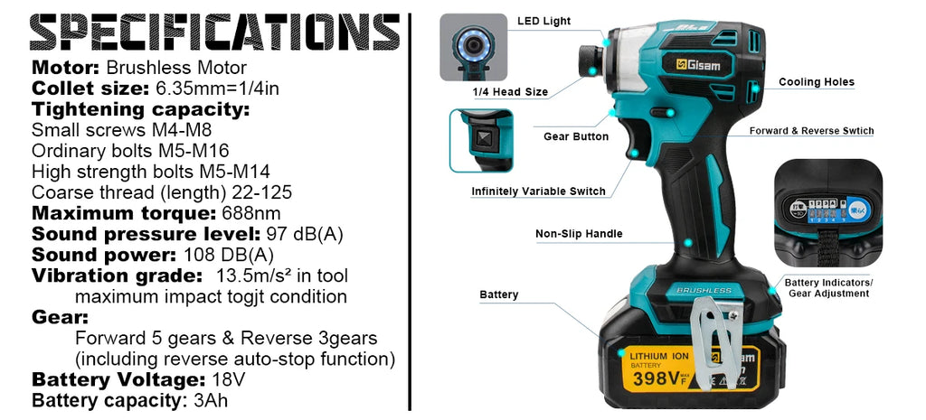 688N.m 1/4'' Brushless Electric Screwdriver Cordless Screwdriver Electric Drill Impact Driver Kit for Makita 18V Battery Pin