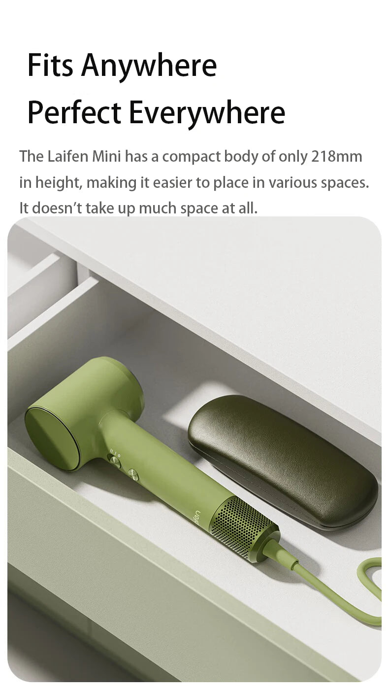 Laifen Mini portable green high-speed hair dryer with storage case, perfect for travel or small dorm spaces.