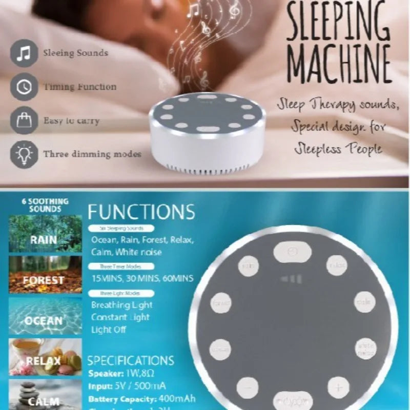 White Noise Sound Machine Sleep Soother With 6 Soothing Sounds Breathing Light Timer Type-C Charging For Baby Home Office Travel