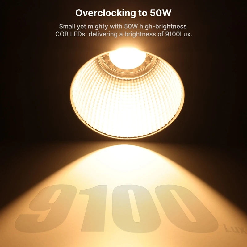 Round 50W COB LED light in a reflective housing casting a warm yellow beam with a 9100 Lux projection.