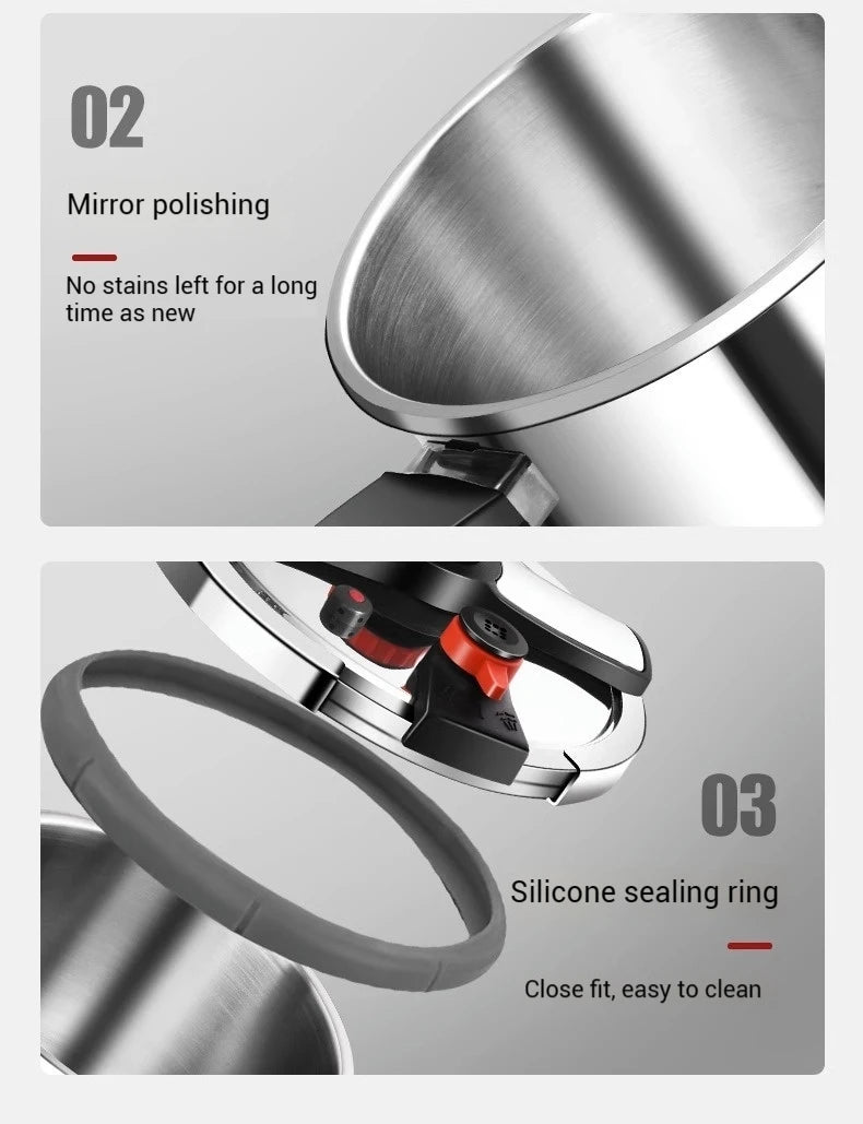 Stainless steel pressure cooker with mirror-polished pot and red silicone sealing ring