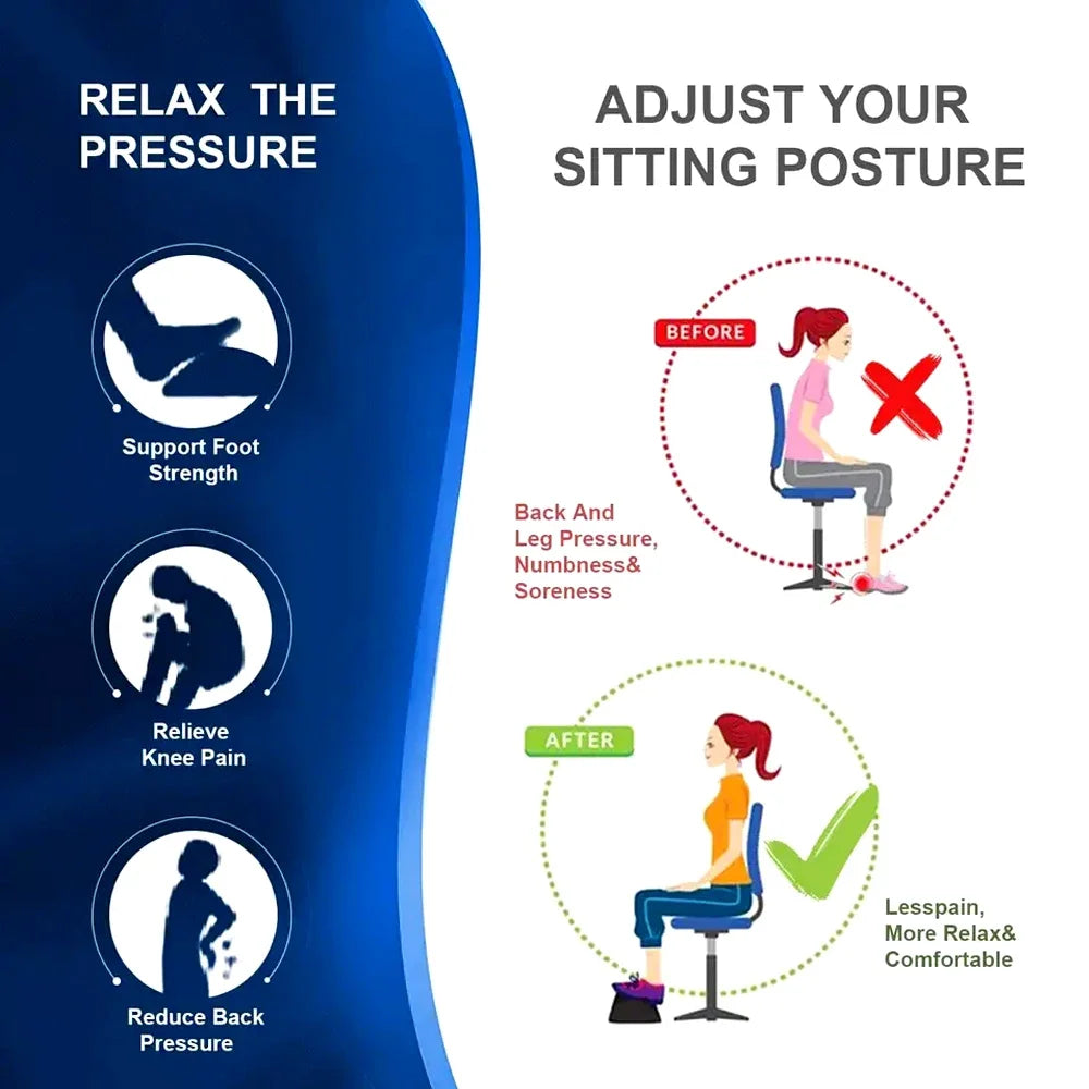 Adjustable ergonomic under desk footrest for improved posture, back and knee pain relief in an office workstation.