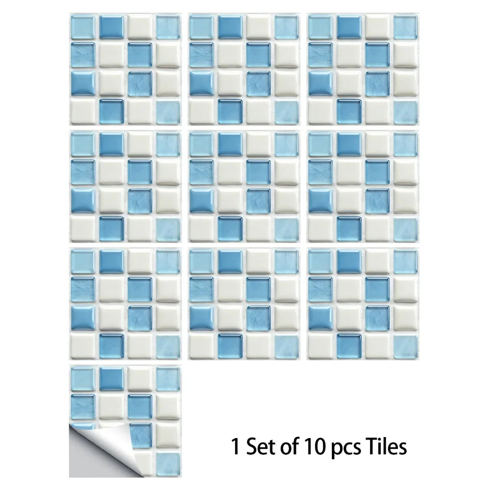 Light blue and white mandala tile sticker set with beige embossed square details