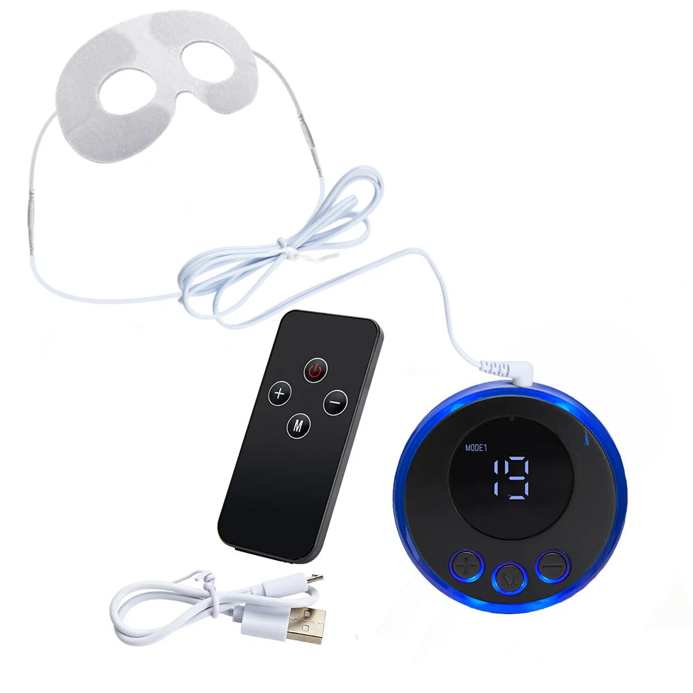 Electric EMS eye massager with remote, digital display controller, and white eye mask for anti-wrinkle facial lifting.