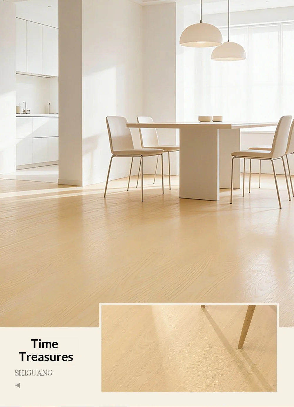 Light woodgrain vinyl flooring planks with long plank look