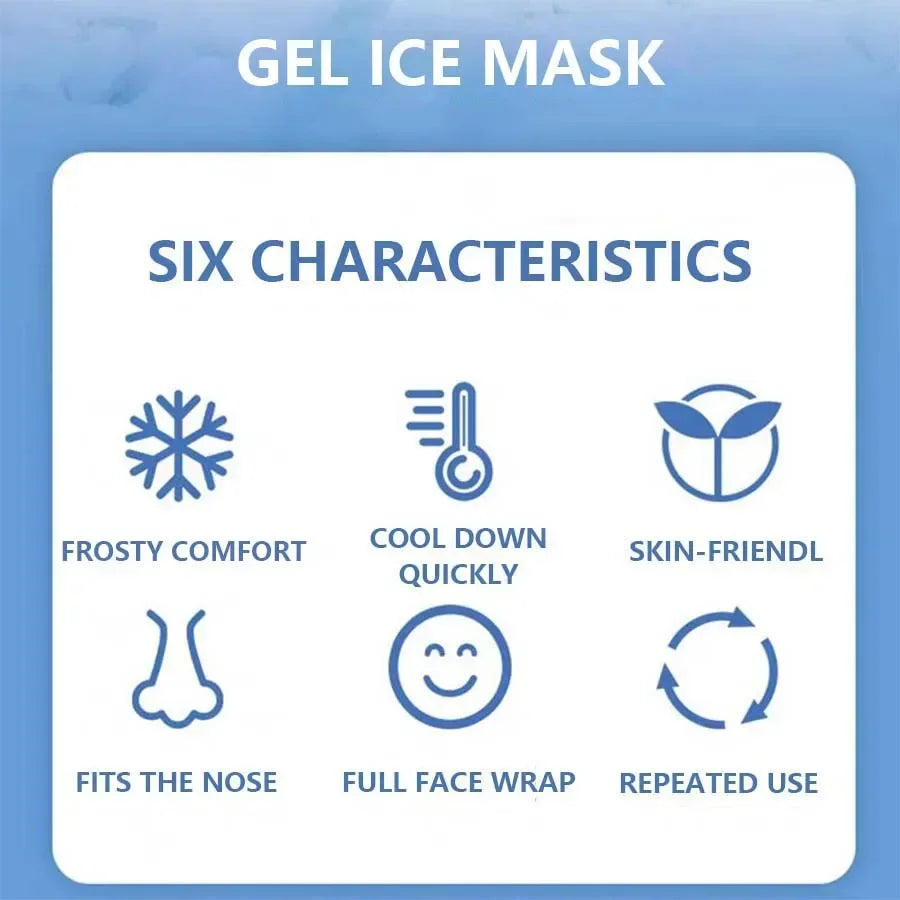 Infographic for a gel ice mask listing six key features with blue icons, including cooling, skin-friendly, and reuse.