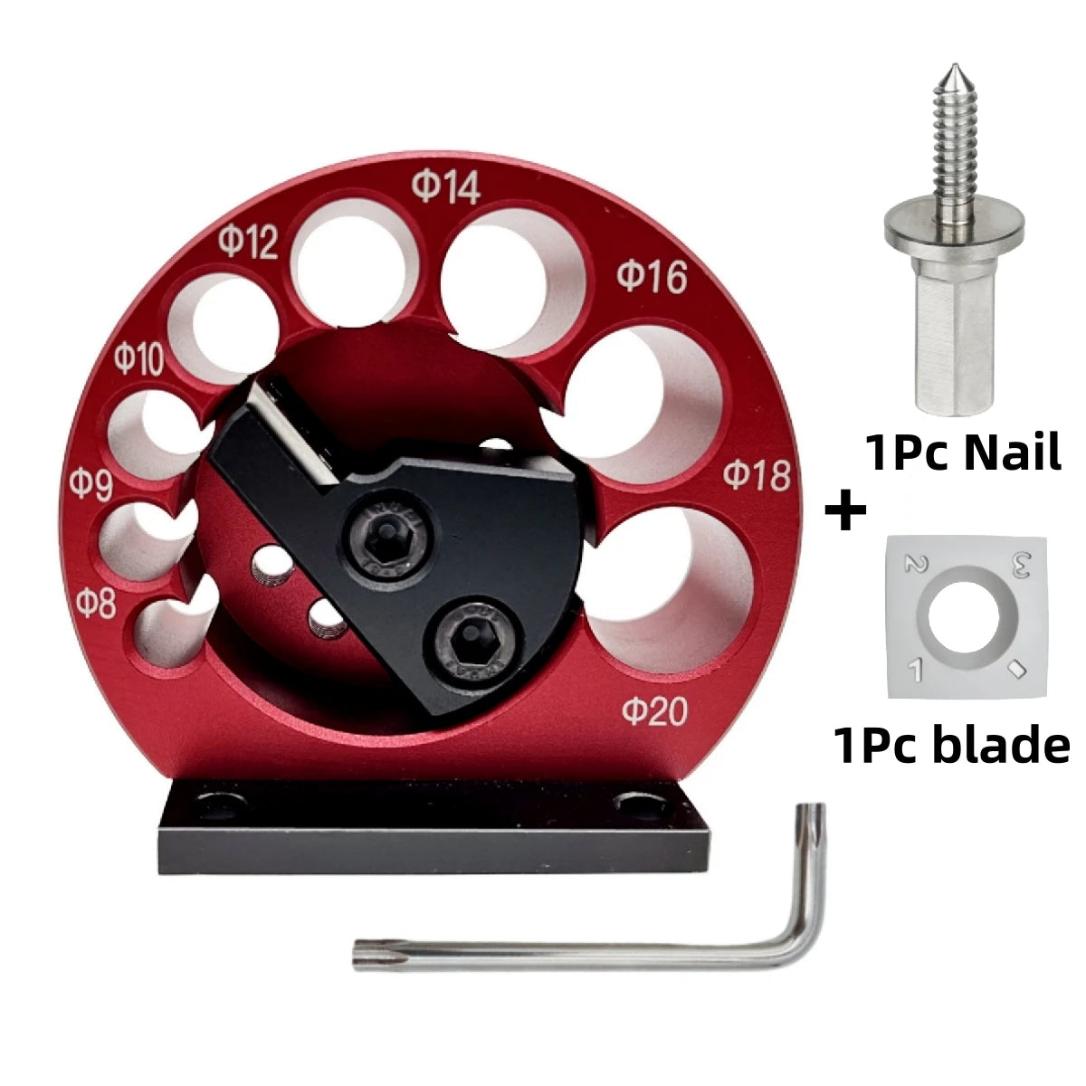 8-hole dowel maker jig kit with red wheel, black cutter head, L hex wrench, 1 blade and nail