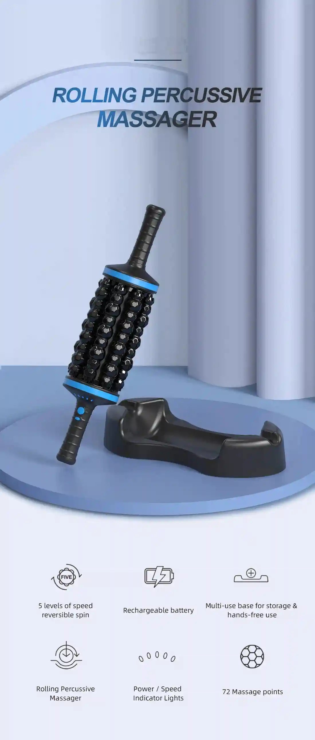 Black handheld roller percussive massager with blue accents and a matching storage base against a light blue background.