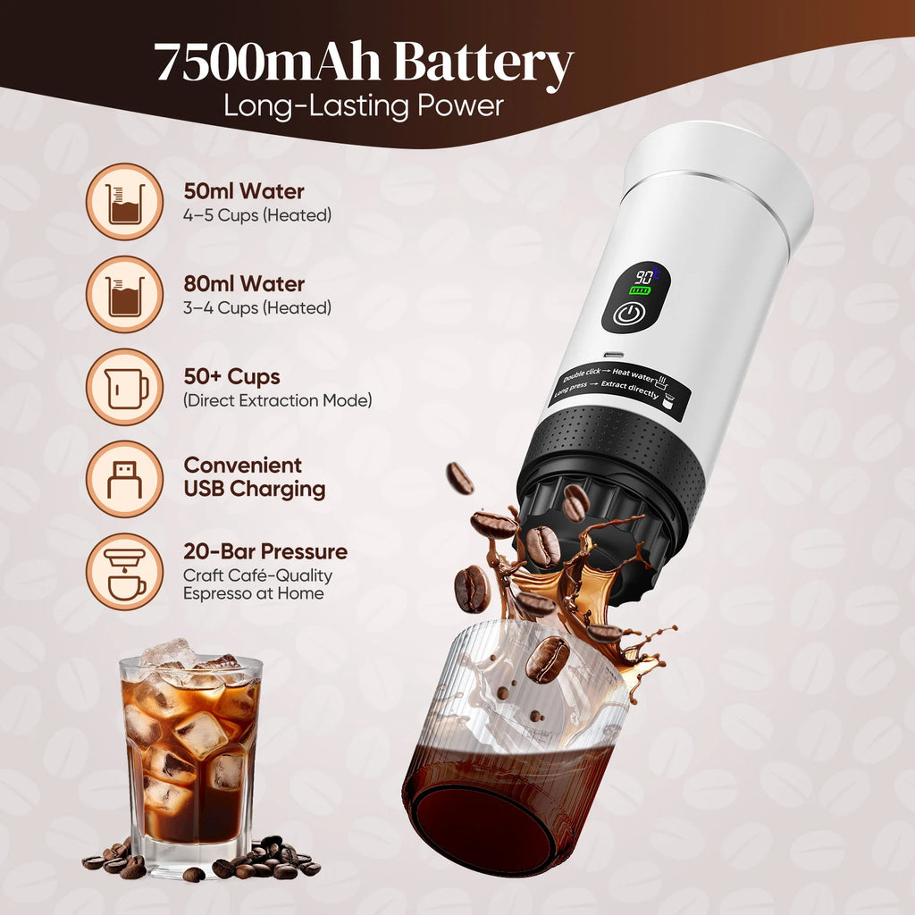 White portable espresso maker with 7500mAh battery, 20-bar pressure, USB charging, and digital temperature display.