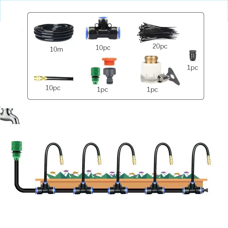 Irrigation sprinkler kit contents: black manifold, nozzles, hoses, connectors, and tools