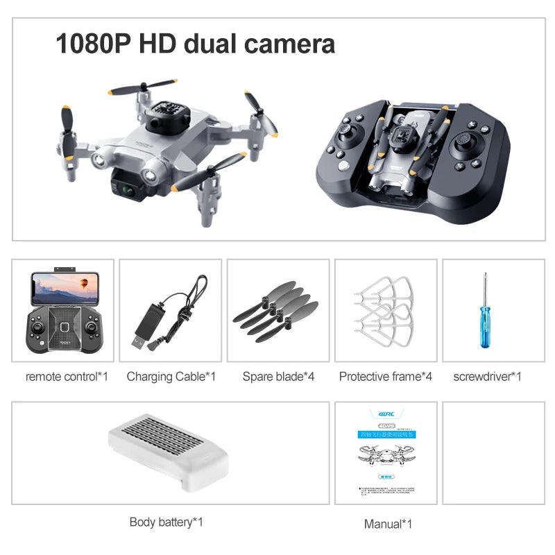 4K Camera Drone Foldable Quadcopter with Dual HD Lenses Grey-1080P-1B Tidesmit