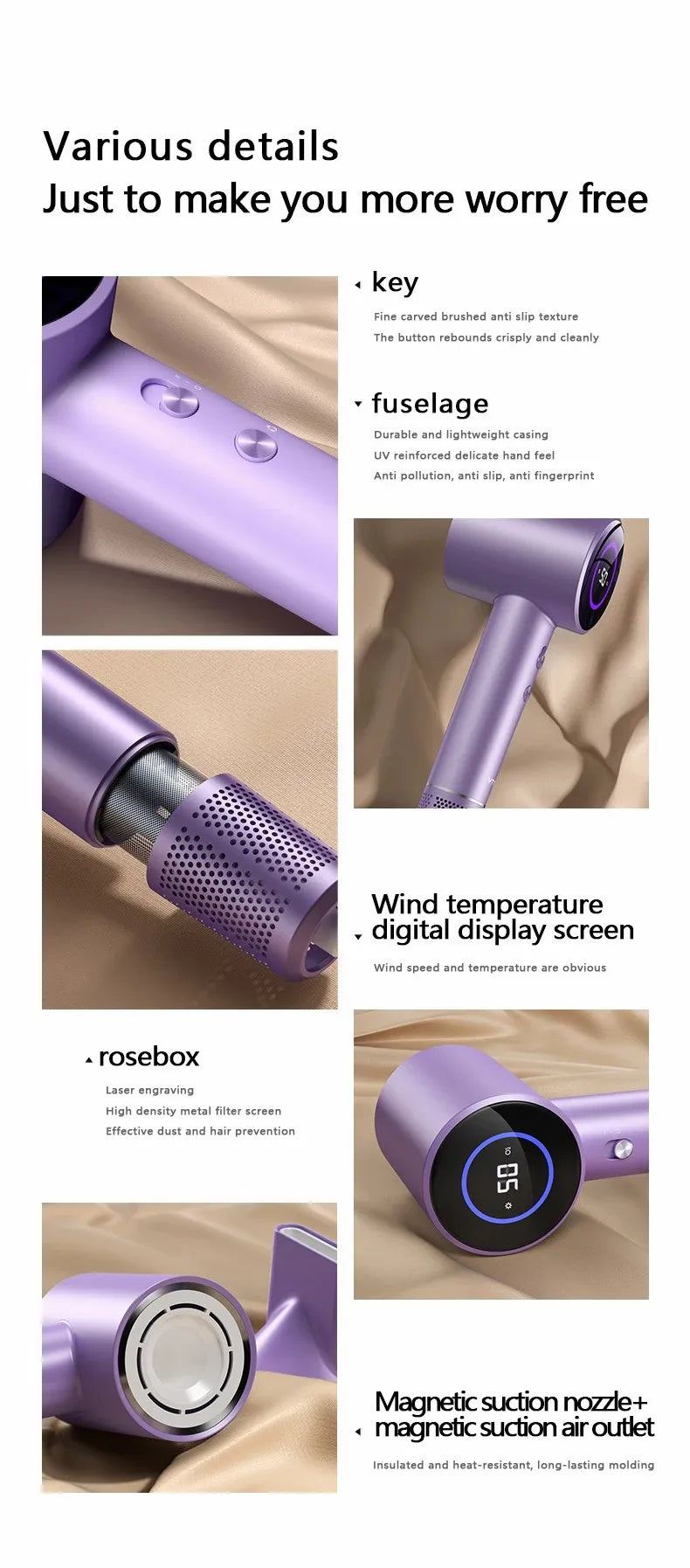 Purple high-speed ionic hairdryer with LED display, magnetic nozzle, and metal filter for fast, professional styling.