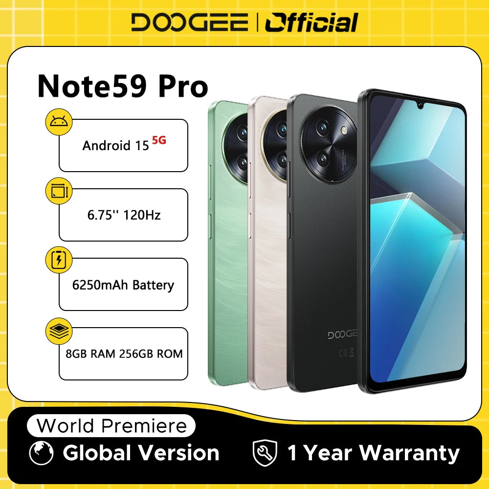 【Brand+】Global Version DOOGEE Note59 Pro 5G Smartphone Android 15 Mobile Phone 8GB RAM 256GB ROM 6.75" HD+ 6250mAh Battery NFC