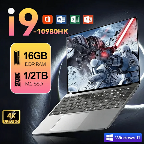 Sleek silver 14.1-inch laptop with thin bezels, black keyboard, large trackpad, and side ports against a dark background.