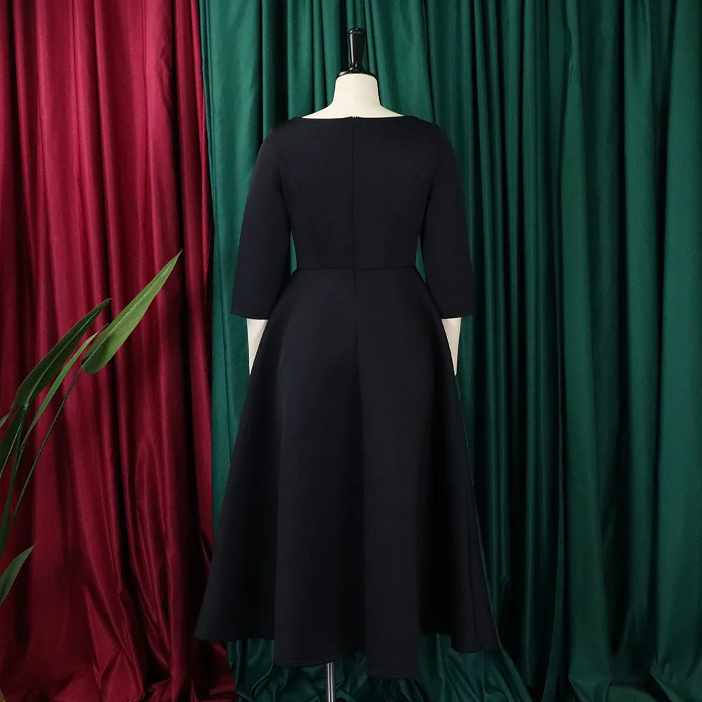 Elegant Pure Color Maxi Dress Evening Gown A- Line Skirt Polyester Fabric round Neck Short Sleeve High Waist Midi Dress