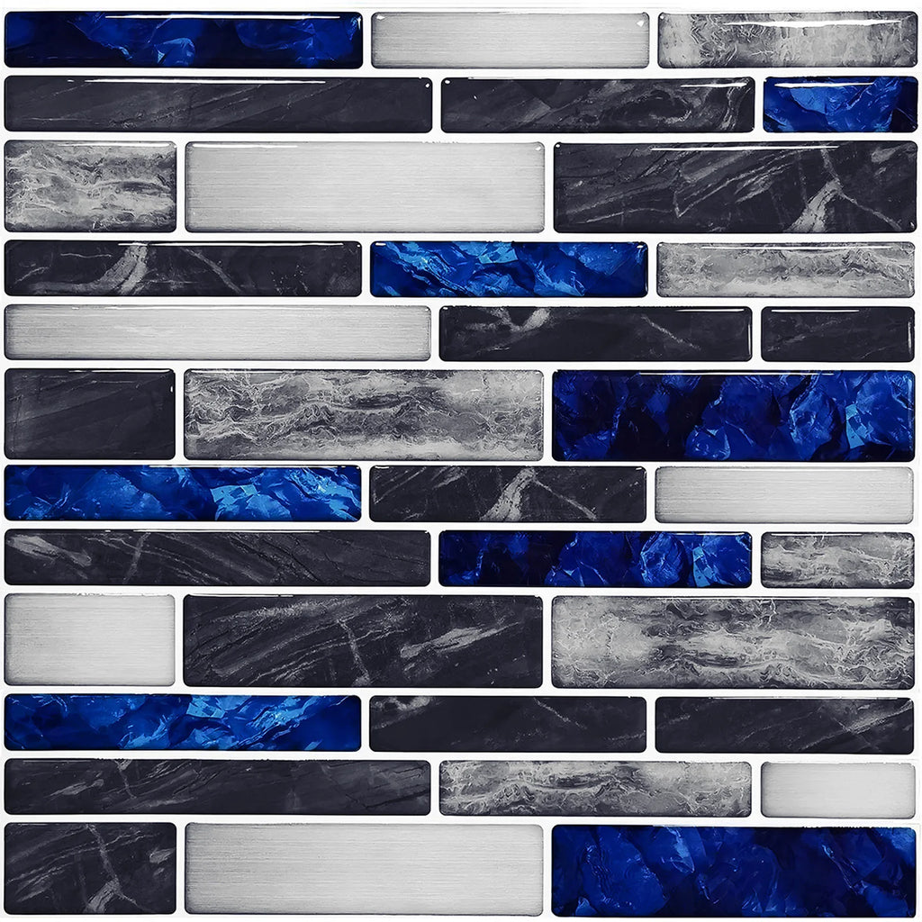 Self-adhesive 3D mosaic tile sticker sheet, mixed gray bricks with blue accents