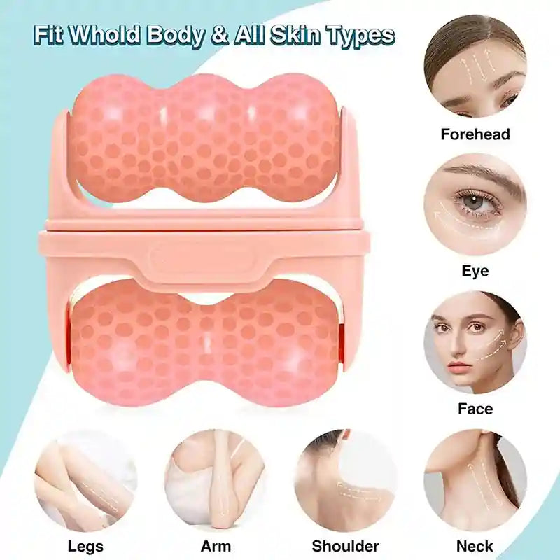 Pink 2-in-1 textured ice roller for facial and body massage, showing application on forehead, eyes, face, and limbs.