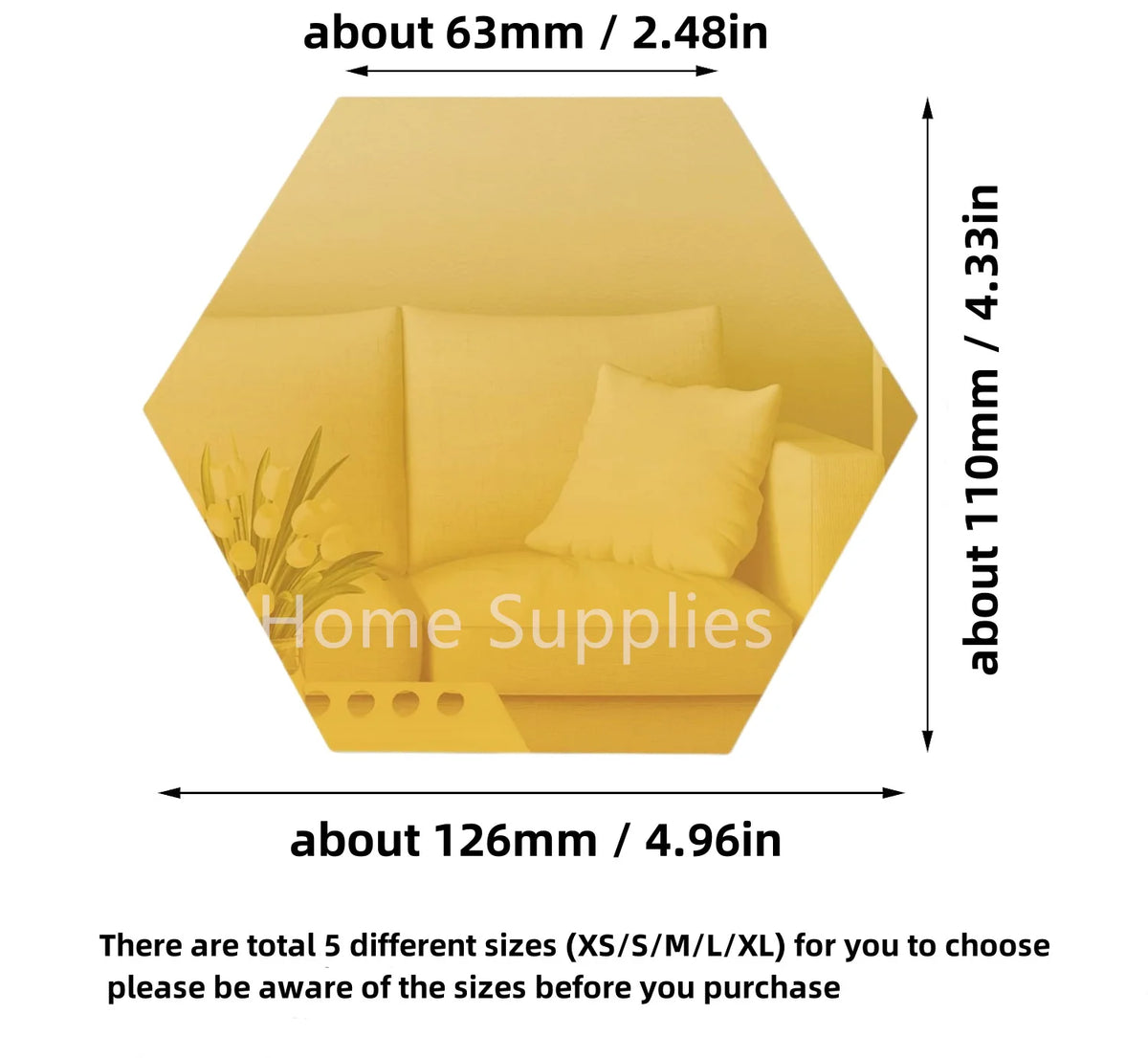 Gold hexagon mirror sticker, approx 126mm x 63mm.