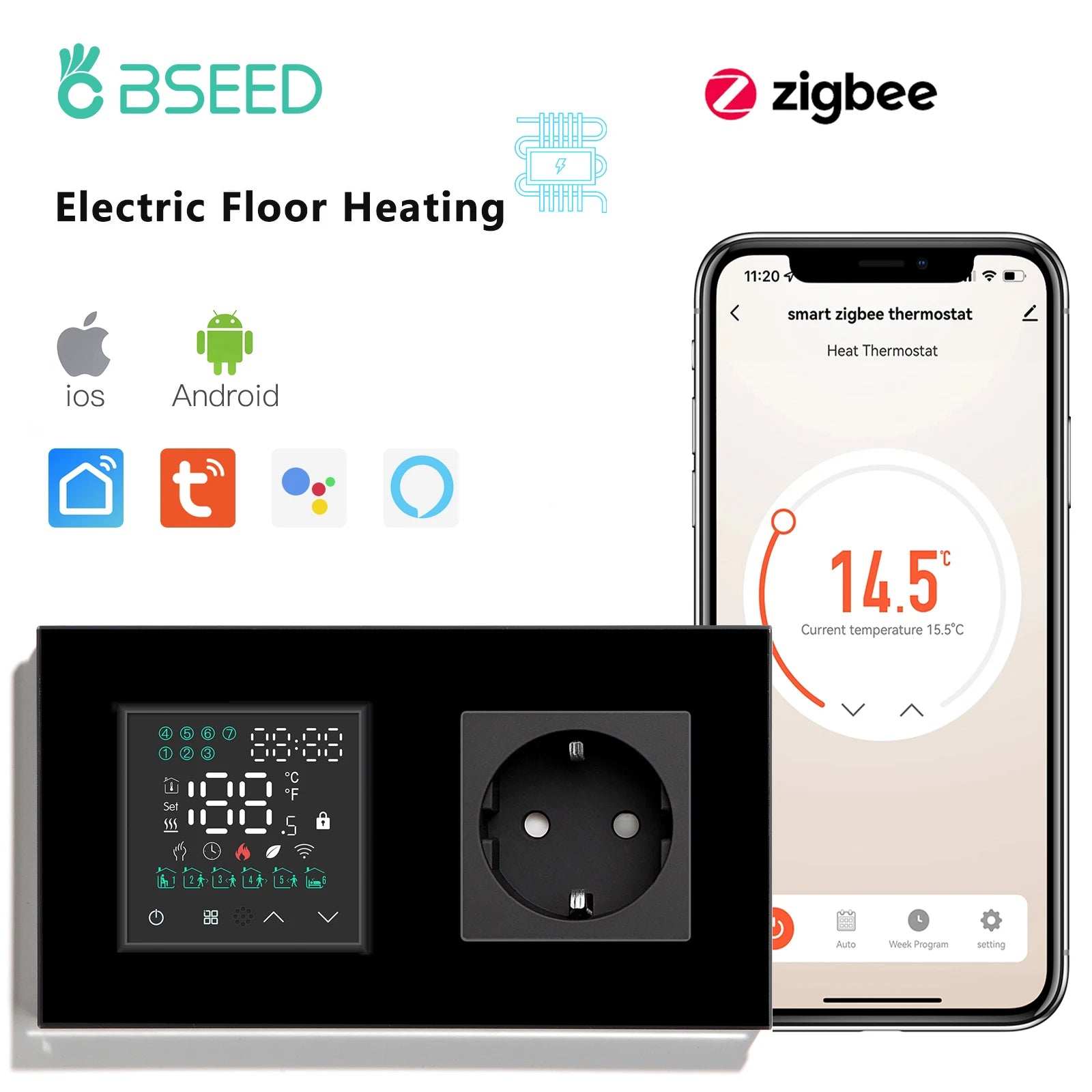 BSEED Zigbee Thermostat LED Touch Screen Switches Electric Floor Heating Room Alexa Temperature Controller Tuya App USB Socket