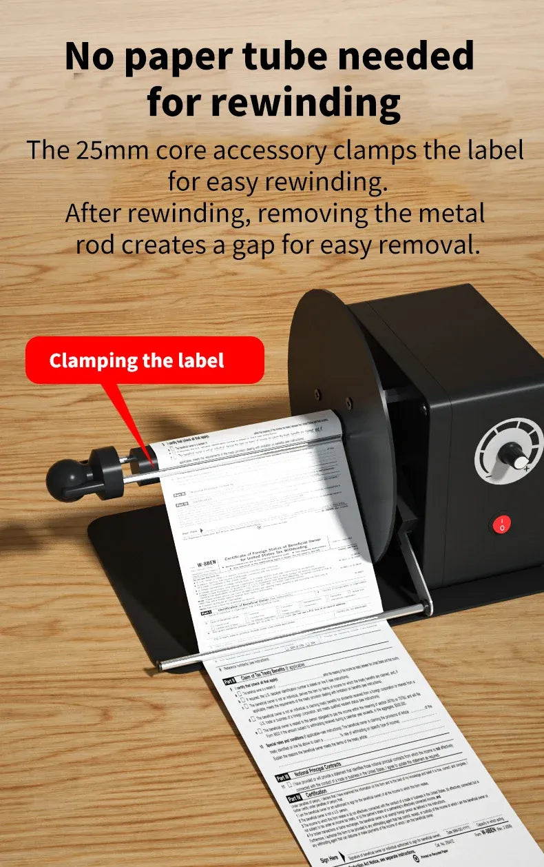 Label rewinder without paper tube; rewinding core and clamped label sheet