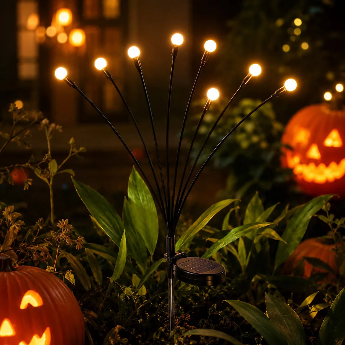 2 Pack Halloween Solar Firefly Lights 16 LED Spooky Garden Decoration Lights, Warm White Solar Powered Outdoor Pathway Lights with 2 Lighting Modes for Yard Lawn Patio Walkway Tree Fence Party Holiday Decor