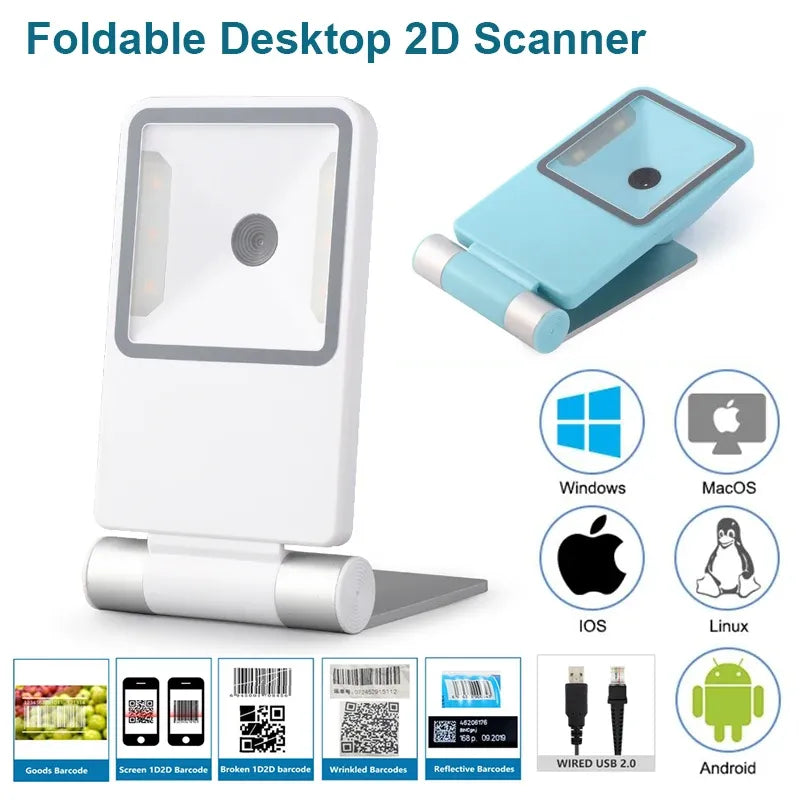 White foldable desktop 2D barcode scanner with stand and scanning window