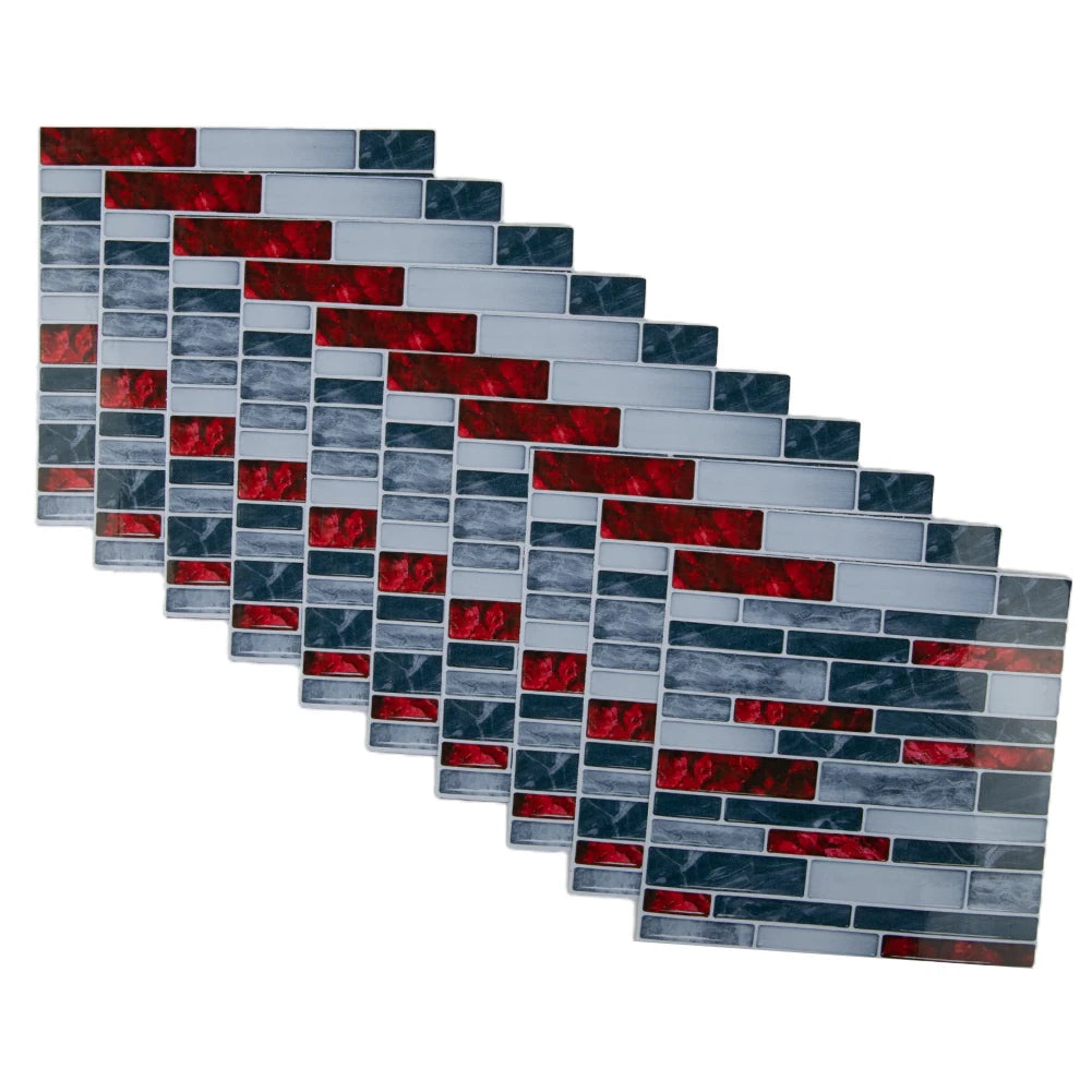 3D mosaic tile sticker sheet with gray brick tiles and red glass accents