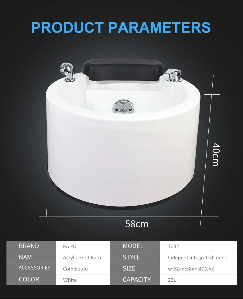 White hydro-massage foot bath with chrome fittings, black handle pad, size diagram