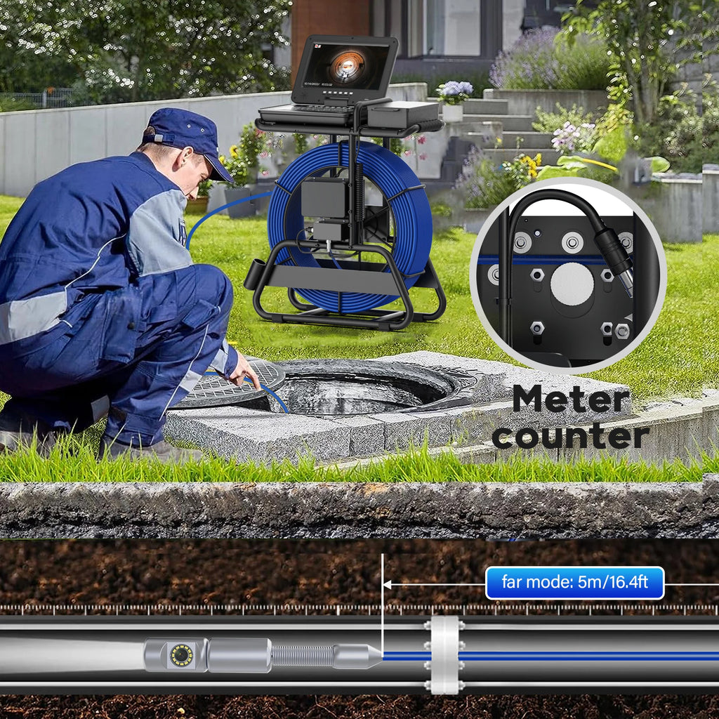 Sewer Camera Inspection 360 Degrees 10″inch IPS+Cable Diameter ø7mm+512HZ Transmitter Locator+Meter Counter+Keyboard