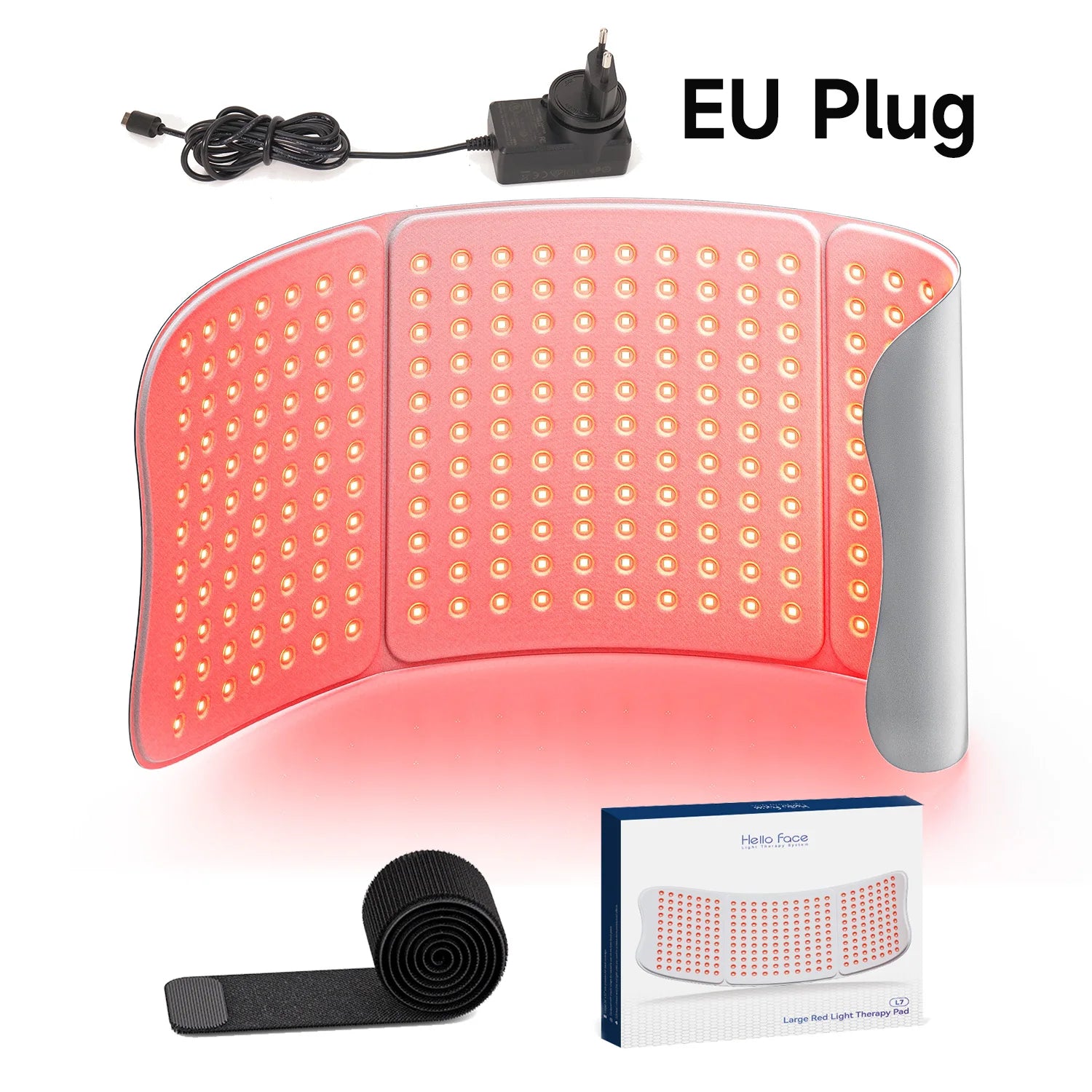Hello Face L7 large red light therapy pad with 792 LED chips, dual-wavelength 660nm/850nm, EU plug, and strap.