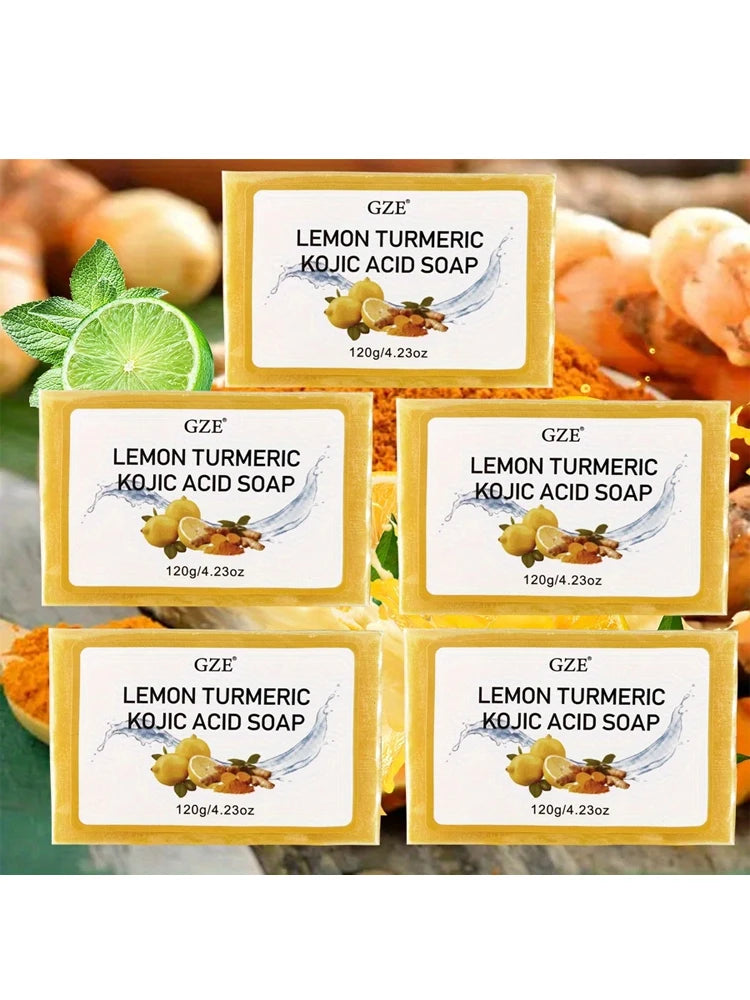 5 Pack GZE Body Restore Lemon Turmeric Kojic Acid Soap, with Shea Butter, For Face Dark Spots, Body, Rejuvenating, Exfoliating
