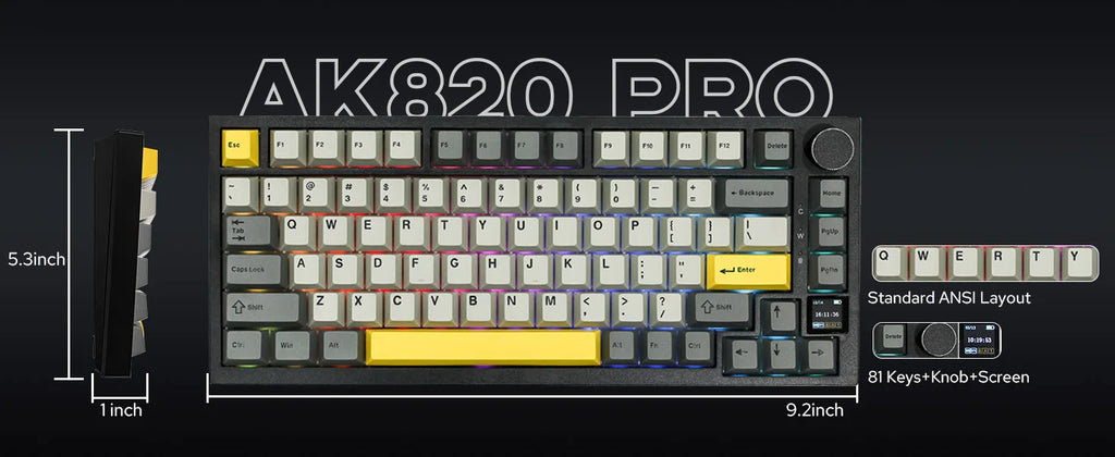 Ajazz AK820 Pro 75% Gasket-mounted Wired/Bluetooth 5.1/2.4G Wireless Mechanical Keyboard with TFT Screen for Win/Mac