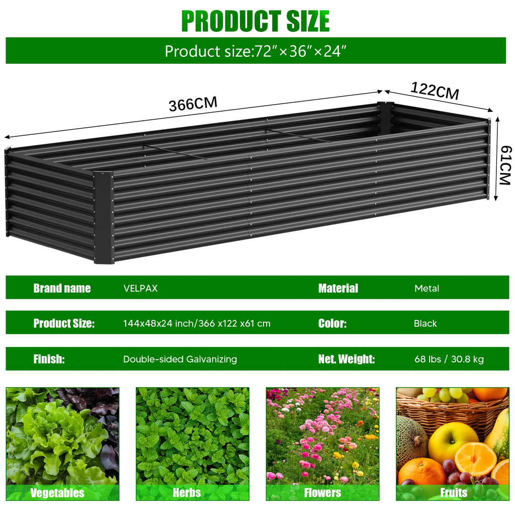 Galvanized metal raised vegetable tray, 240/gallons, open base, rustproof corrugated steel for vegetables, herbs and flowers, quick assembly in 10 minutes for outdoor gardening, patio and yard.