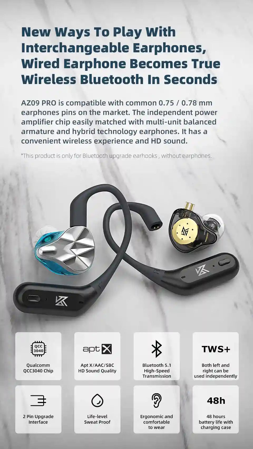 Wireless Bluetooth Earphone Adapter for KZ C Pin | Tidesmit AZ09 Pro Tidesmit