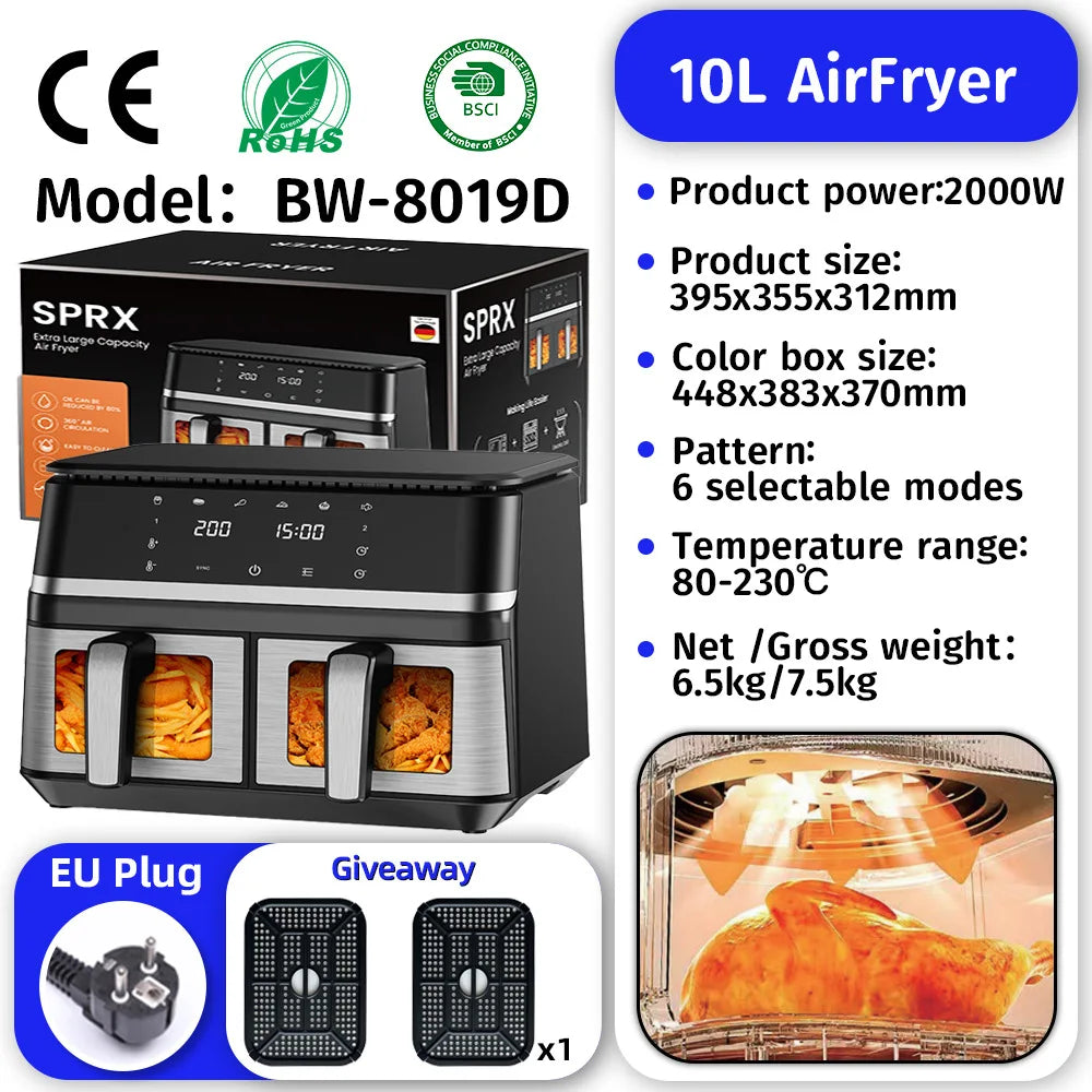 Commercial Digital Large-Capacity Touchscreen Display Stainless Steel Double Basket Smart Electric Square air Fryer Oven Home