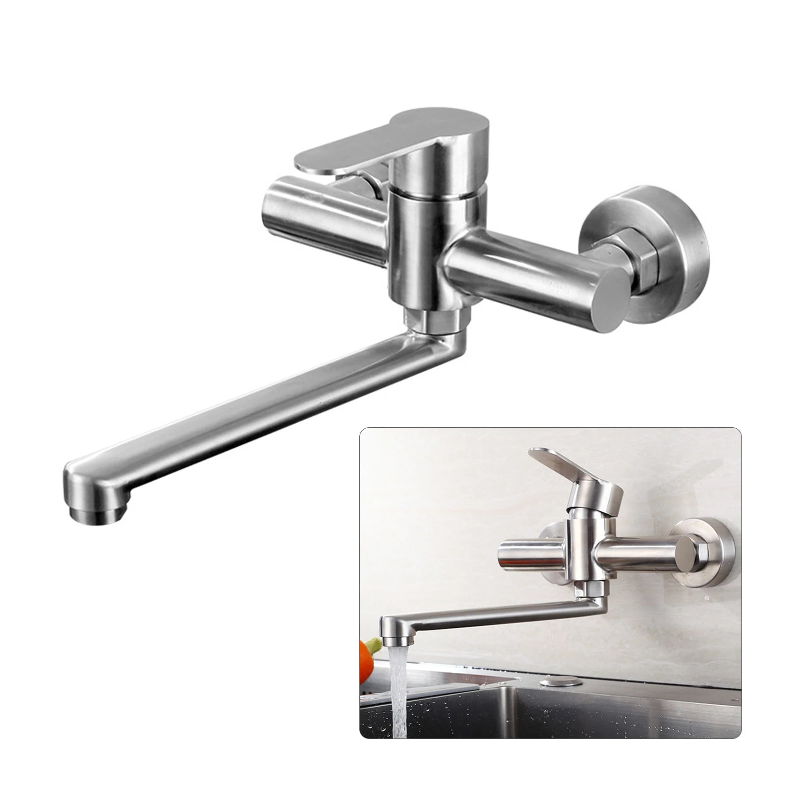 Silver Wall-Mounted Stainless Steel Rotatable Kitchen Faucet 360° Single Handle Hot and Cold Water Faucet For Both Homes Etc