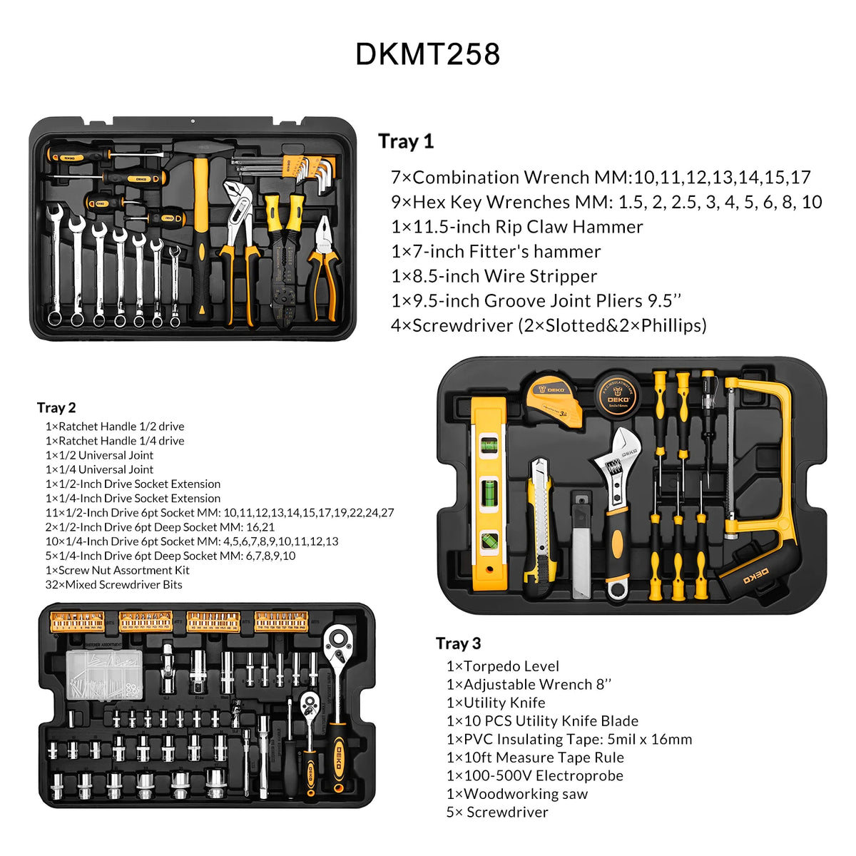 DEKO DKMT258 tool kit case with two trays of wrenches, screwdrivers, and hammer
