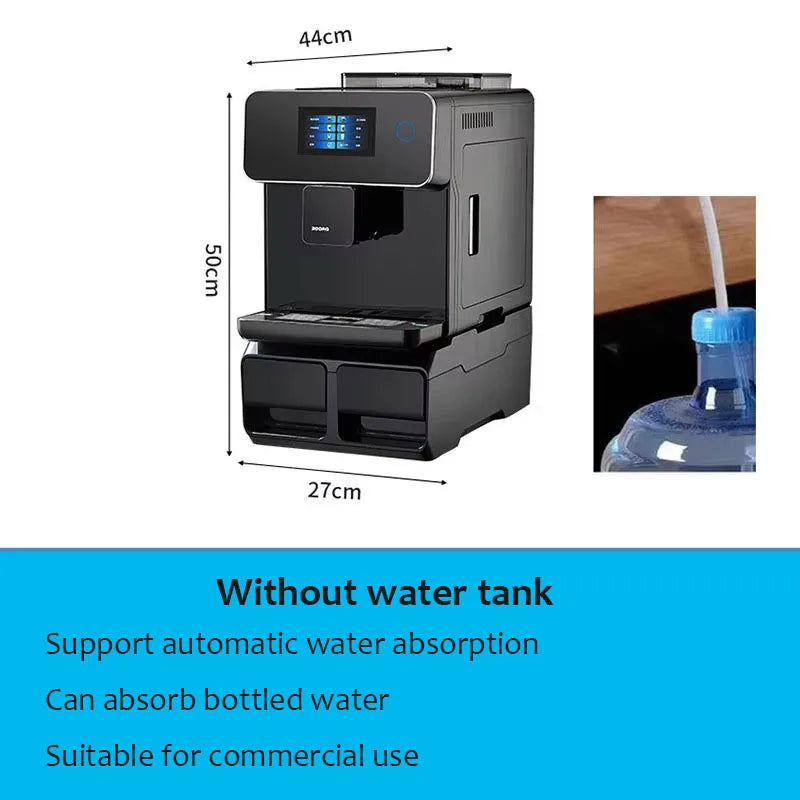 Black automatic commercial coffee machine with external water bottle suction, 44x50x27cm dimensions, and touch screen.
