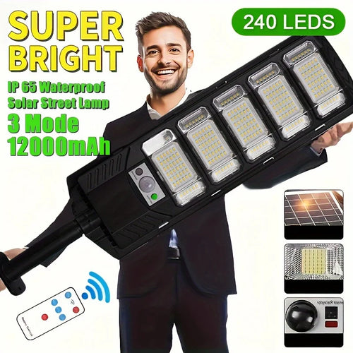 A man holds a black solar street light with multiple LED panels, a motion sensor, and a remote control.