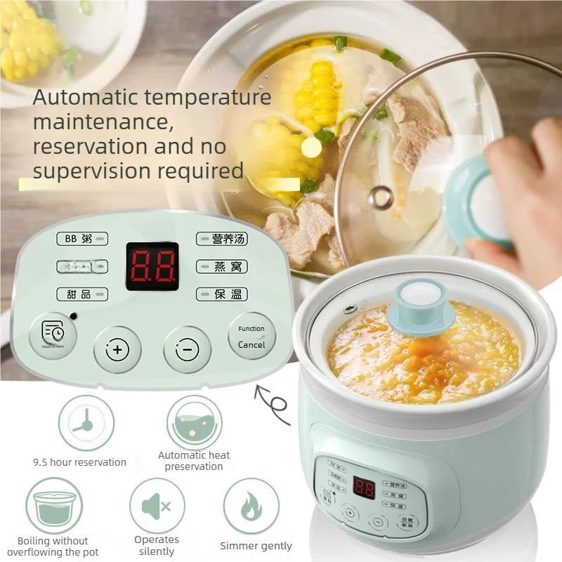 Mint electric slow cooker with control buttons and steaming soup inside