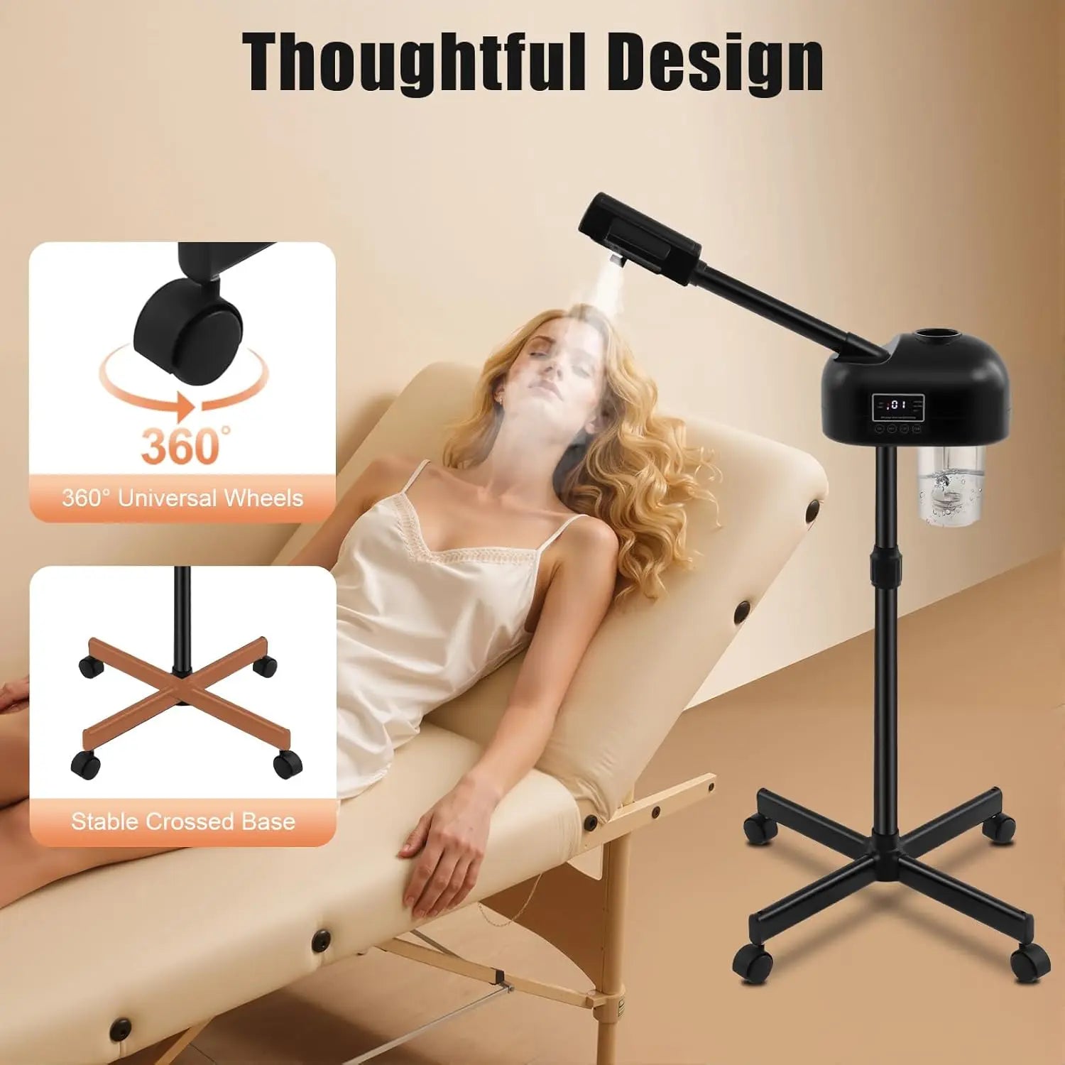 Portable black professional facial steamer with LCD screen, adjustable height, and 360-degree wheels for spa or home.