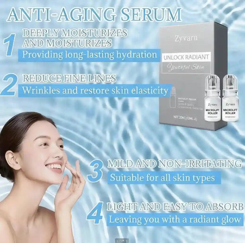 Microlift Roller anti-aging serum in two small clear glass bottles with roller tops, next to a grey product box.