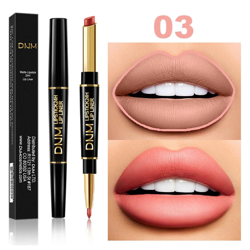 DNM 2-in-1 waterproof matte lipstick and lip liner pen in nude pink, featuring a dual-ended applicator for lips.