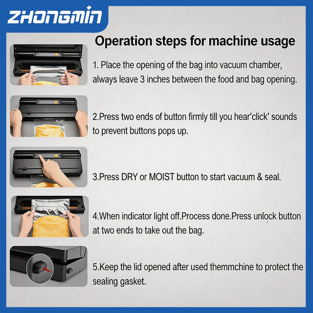 ZHONGMIN Vacuum Sealer Machine, 4-in-1 Food Saver with Built-in Cutter & Roll Storage, -60kPa Strong Suction, Dry/Moist/Pulse Se